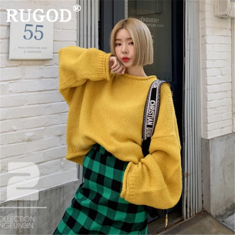 Женский свитер с круглым вырезом RUGOD Vinage однотонный Свободный пуловер рукавами