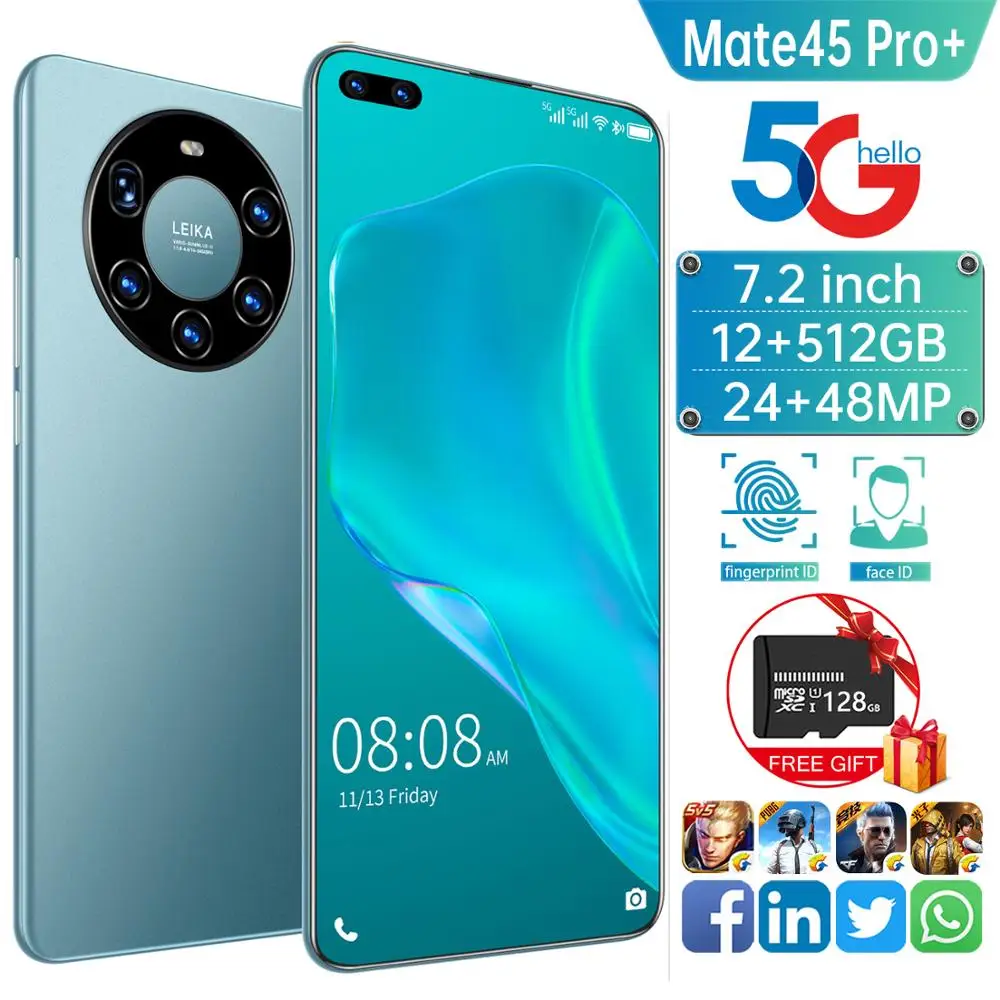 Mate45Pro + 7 2 дюймов полный экран Dual SIM мобильный смартфон глобальной 5G диапазоны LTE DVI