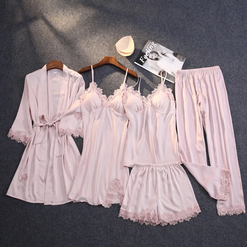 Summer New 5 Pcs Suit Women Pajamas With Chest Pad Lace Sexy Pijama Soft Touch Sleepwear