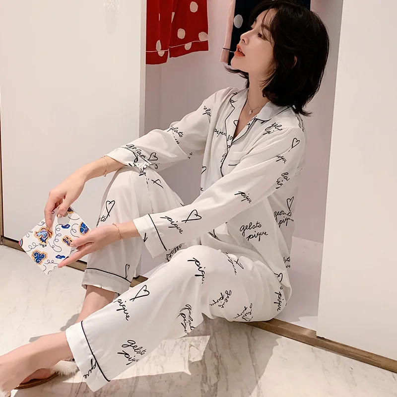

Print 2PCS Sleepwear Shirt&Pants Casual Lady Pajamas Set Satin Silky Nightwear Home Clothes Soft Pijamas Intimate Lingerie