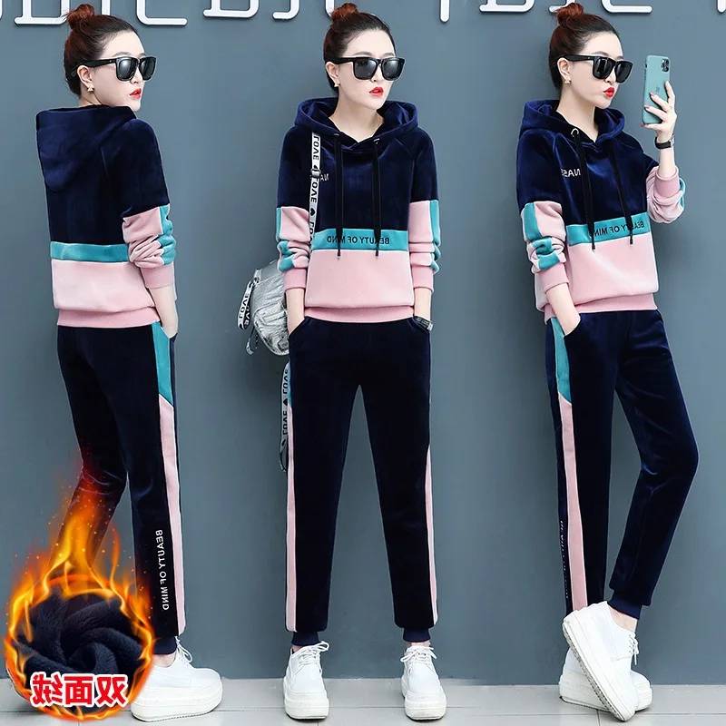 

Rlyaeiz 2019 Winter Gold Velvet 2 Piece Set Women Tracksuits Autumn Color Patchwork Thick Warm Hoodies + Pants Woman Sportswear