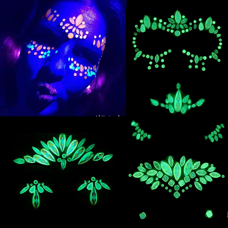 

Светящиеся наклейки на лицо, алмазные наклейки на Хэллоуин, призраки, наклейки на лицо EDM, Кристальные алмазные наклейки для бровей, светящи...