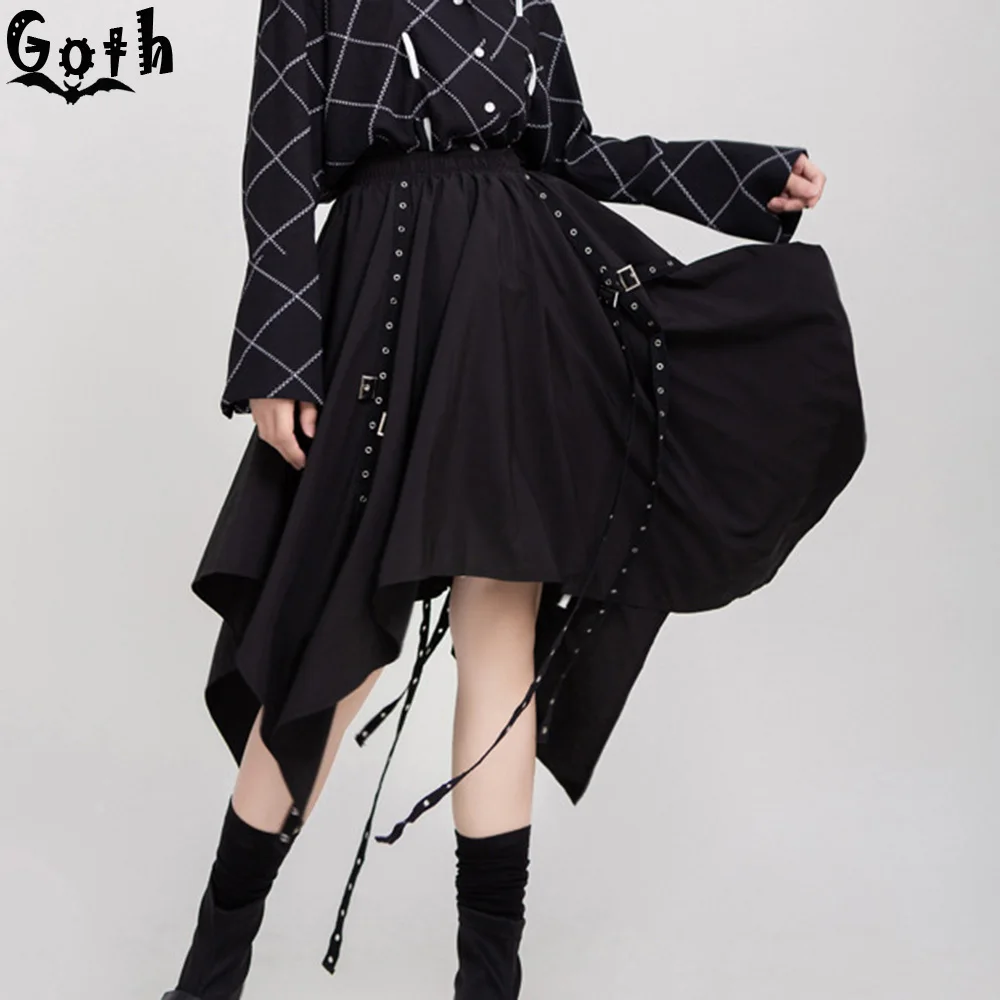 Женская Асимметричная юбка миди Goth черная с высокой талией в стиле панк готика