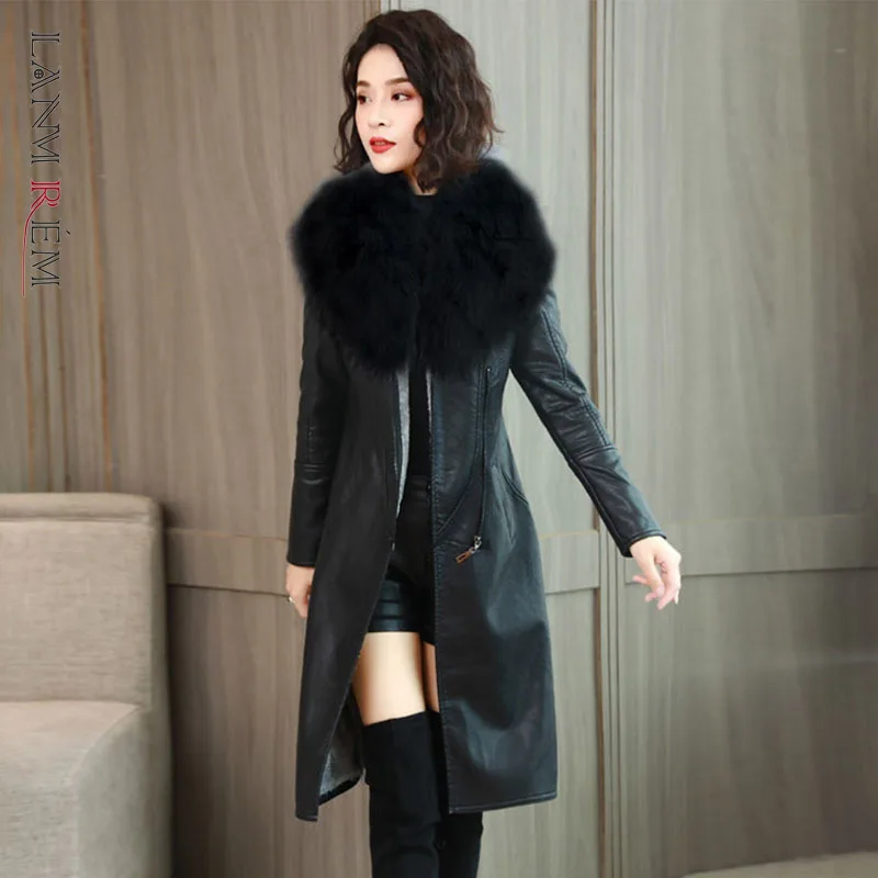 

LANMREM зимняя новая шерстяная куртка с воротником из искусственной кожи женская универсальная утолщенная куртка со шнуровкой на талии средне...