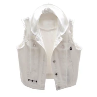 plus size white hooded denim jacket for women sleeveless casual waistcoat top t shirt outside clothes single breasted vest