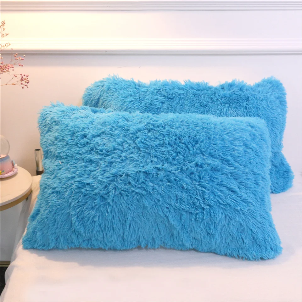 Blue 2 pcs BeddingOutlet из искусственного меха с капюшоном Подушка Чехол пушистый декоративная подушка чехол прямоугольник с длинным ворсом, декоративная наволочка для подушки 1/2 шт. дропшиппинг - Цвет: Blue 2 pcs