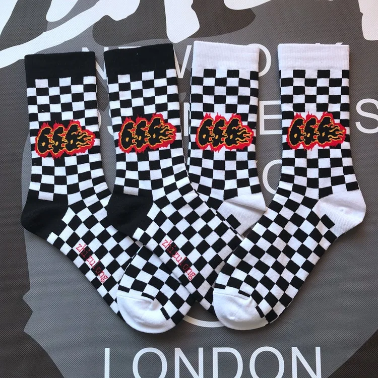 Adult Size Mid Calf Crew Socks Orange Fire 666 Three Six Flame Check Chequered International Chess Black White Lattice Creative |