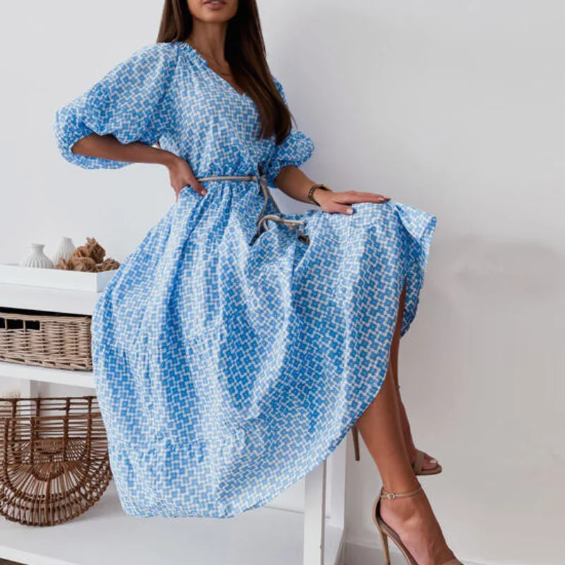 

Casual Flower Print Women Loose Dresses Elegant Puff Sleeve Belt Party Dress 2021 Summer Sexy V Neck Ruffle Long Dress Vestidos