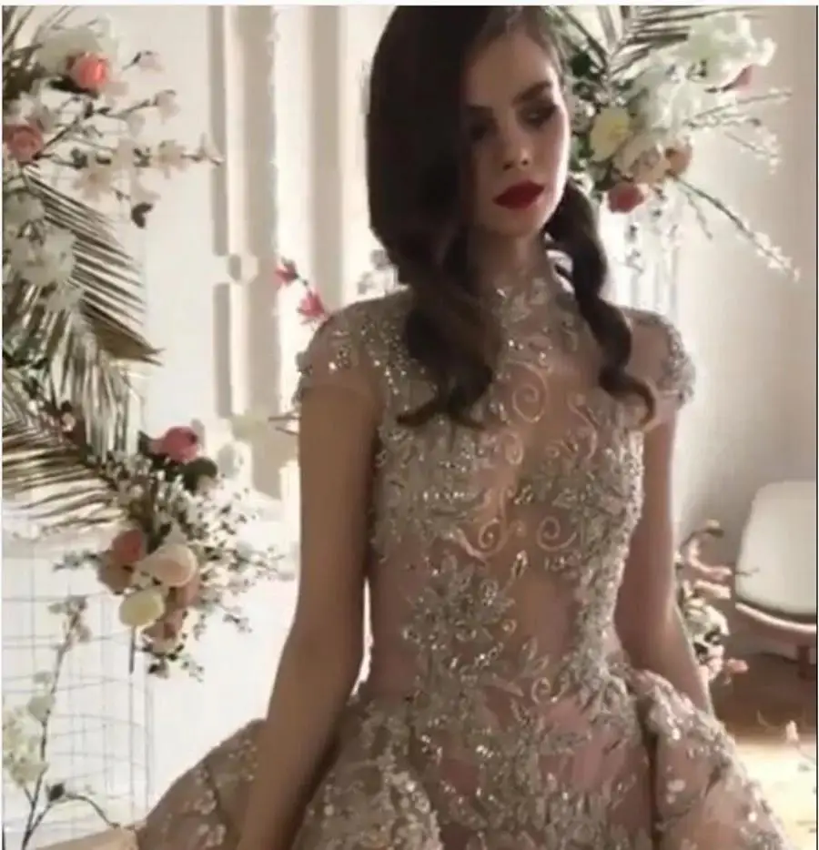 Crystals Furs Pink Prom Dresses 2021 Saudi Arabic 3D Flowers Appliques High Neck Cap Sleeves Evening Gowns With Detachable Train