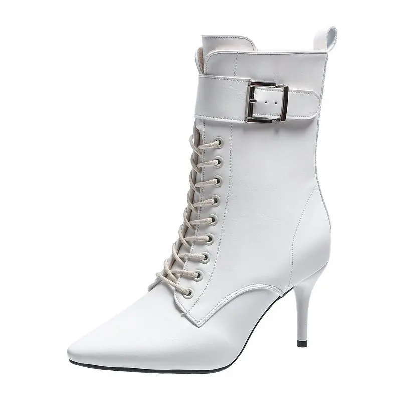 

thin versatile Plush warm Fashion boots female high heel fashion pointed lace up zipper belt buckle leather boots