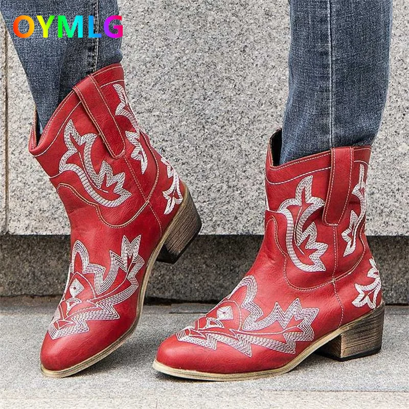 

Knight Boots Women's Winter 2021 New Product Square Heel Mid-heel Large Size Mid-tube Embroidery Martin Boots Women Boots