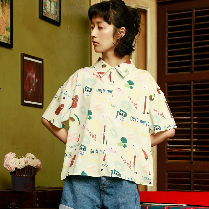 Merry Pretty Women Cartoon Print White Blouses 2020 Summer Short Sleeve Turndown Collar Shirts Womens Tops And | Женская одежда