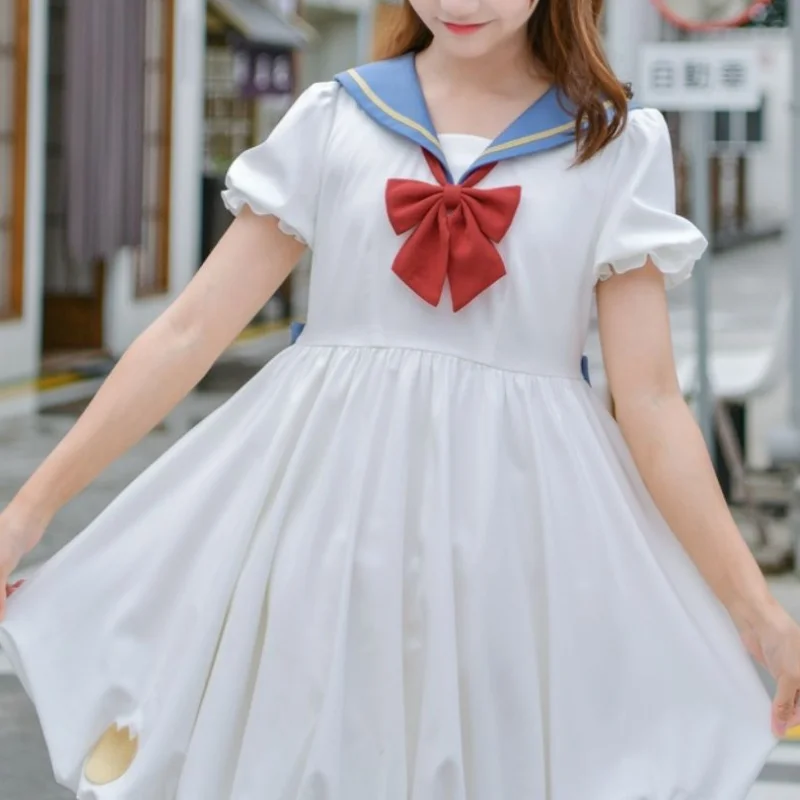 

HOUZHOU Summer Dress White Kawaii Sweet Short Dresses Women Japanese Preppy Style Puff Sleeve Sundress Patchwork Bow Cute Girl