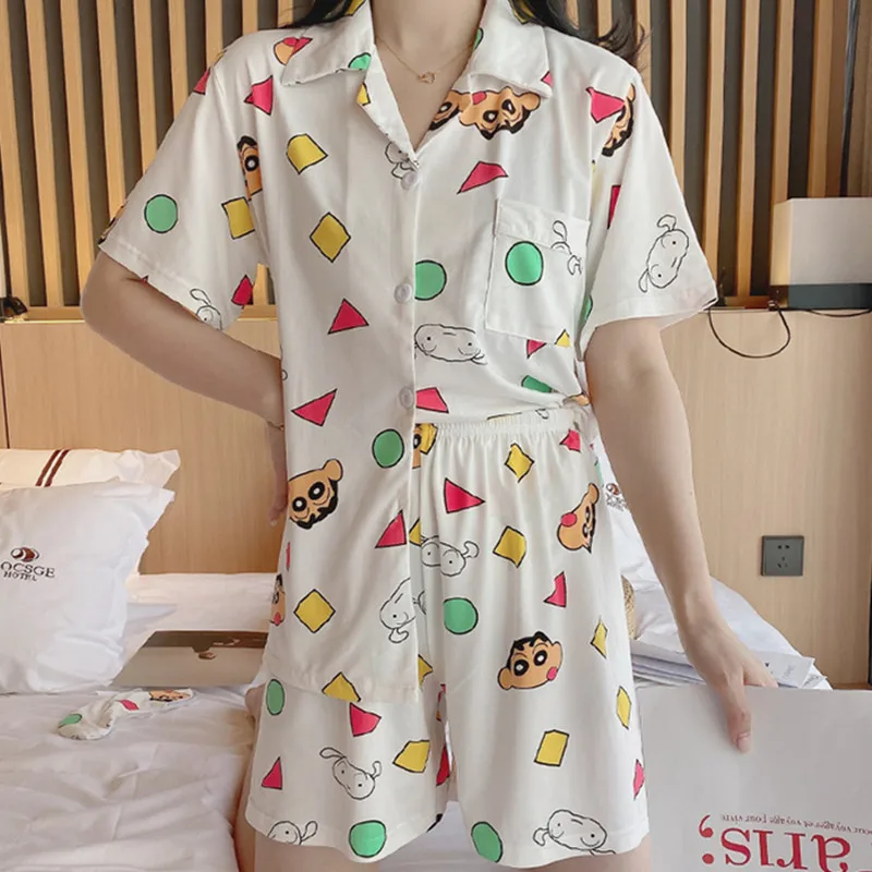 Anime Pijama Women Kawaii Homewear Crayon Print Short Tops Pants Casual Sleepwear Cute Shirts Summer New Pajama Student Cartoon