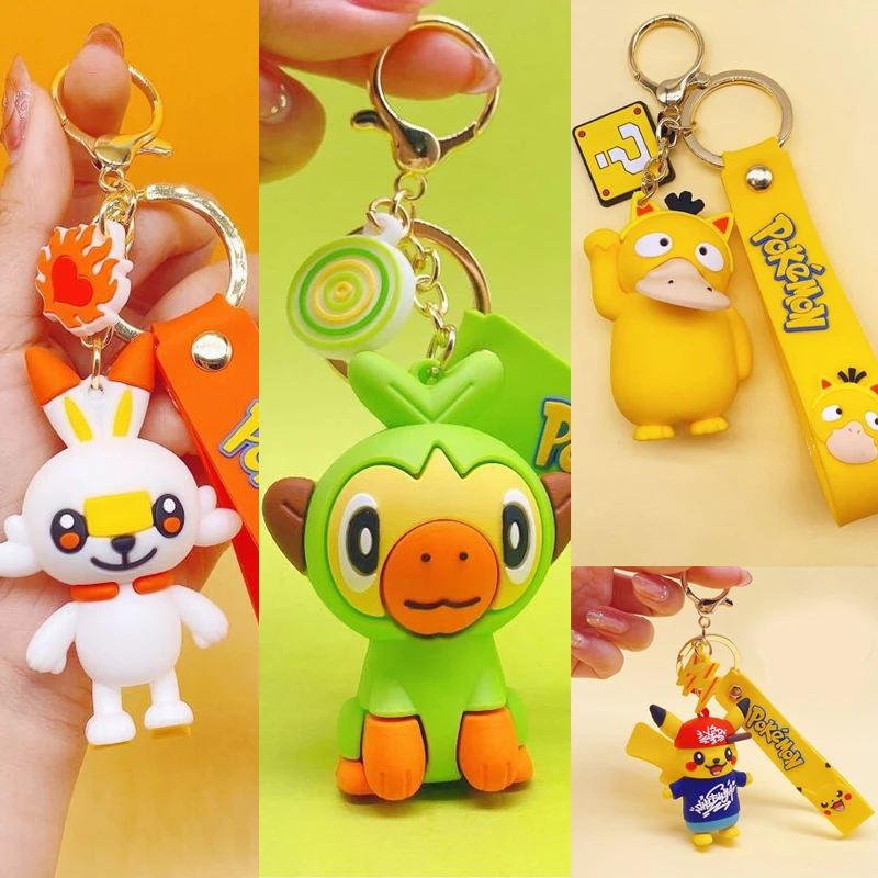 

TAKARA TOMY Pokemon Key Ring Pikachu Pendant Bag Ornament Psyduck Rubber Keychain Sobble Scorbunny Animal Elf Doll for Kids Girl