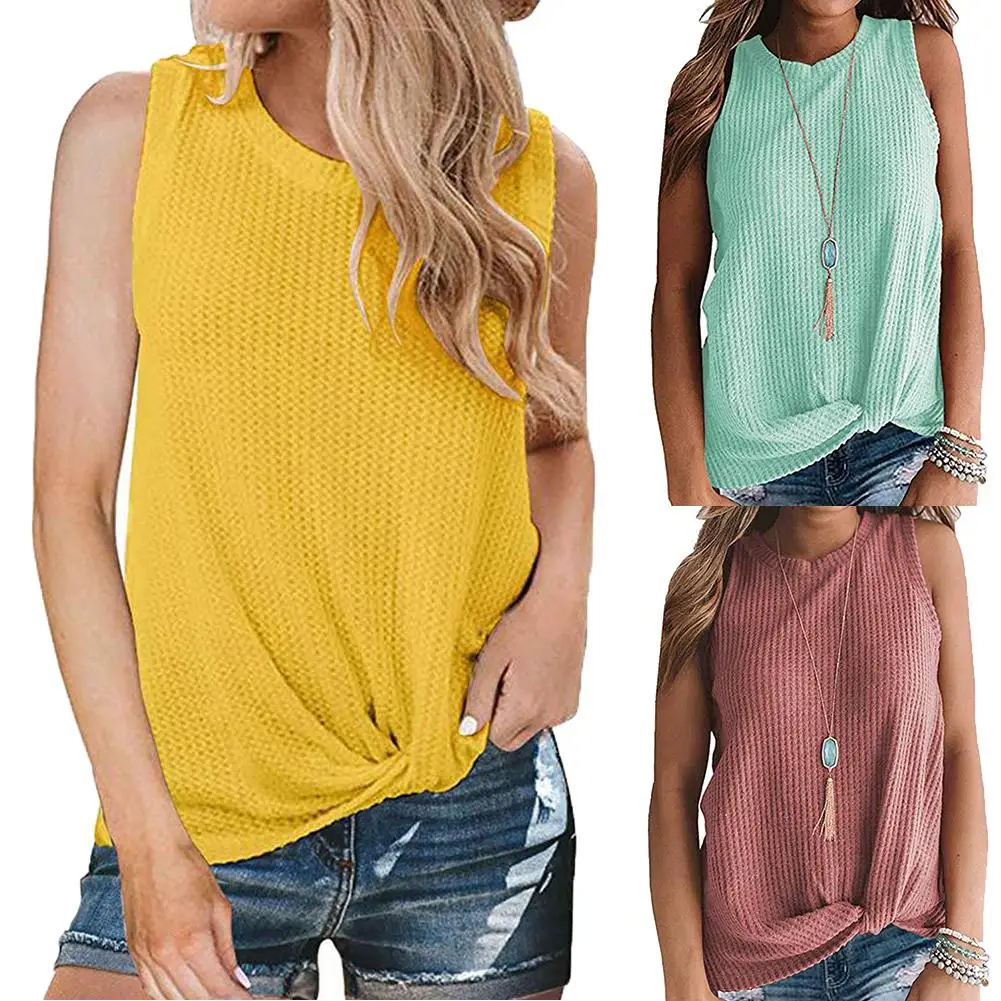 

Fashion Women Solid Color O Neck Sleeveless Knotted Knitted T-shirt Sweater Vest