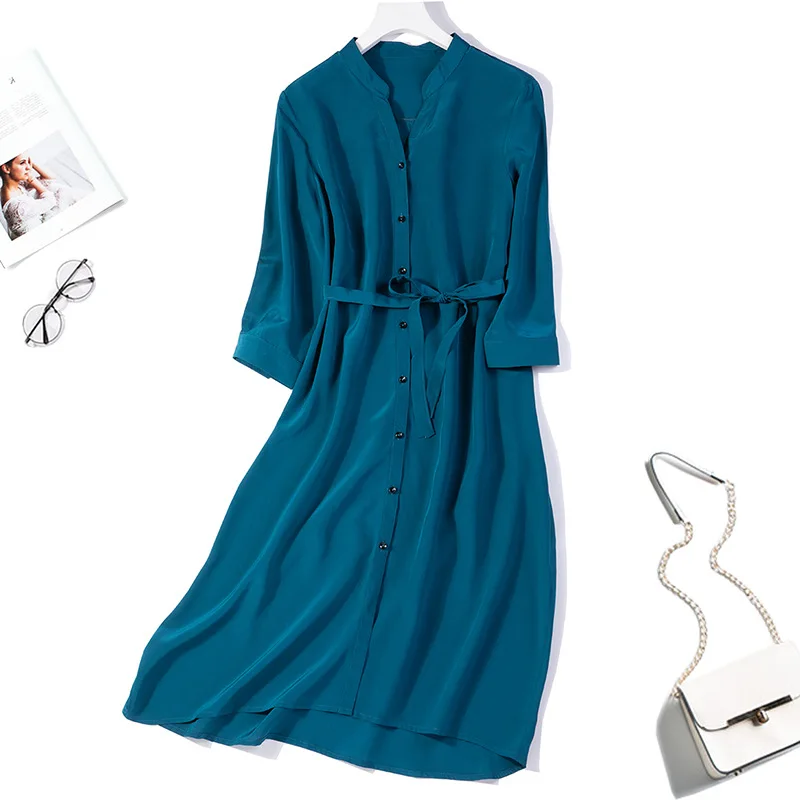 

Silk crepe de Chine dress 2020 summer new silk peacock blue V-neck mid sleeve versatile shirt skirt