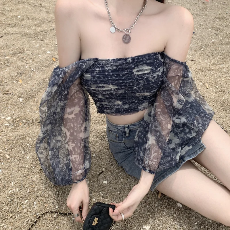 

Short Off-shoulder Lantern Sleeve Breast Wrap Backless Chiffon Shirt Summer 2021 New Women Floral Print Slash Neck Sexy Tops