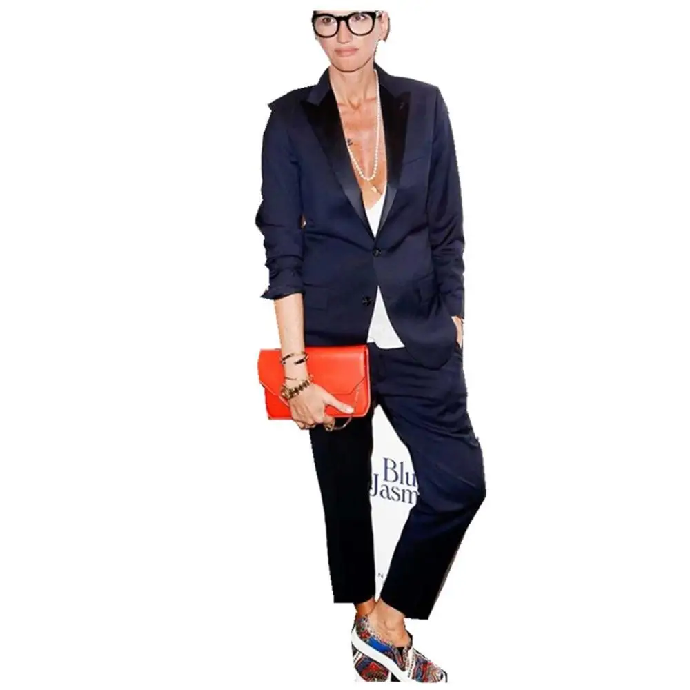 Темно-синие женские деловые брючные костюмы куртка + брюки Офисная форма