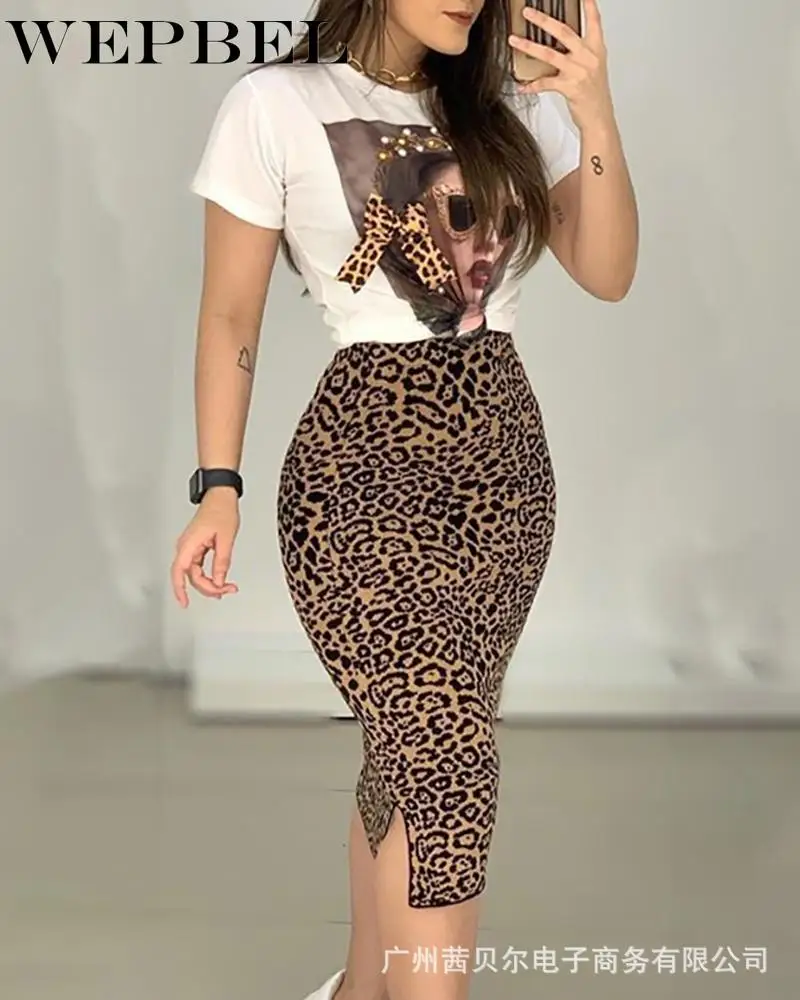 

Костюм WEPBEL женский из двух предметов, пикантный костюм из футболки с круглым вырезом и коротким рукавом и камуфляжной юбки с леопардовым пр...