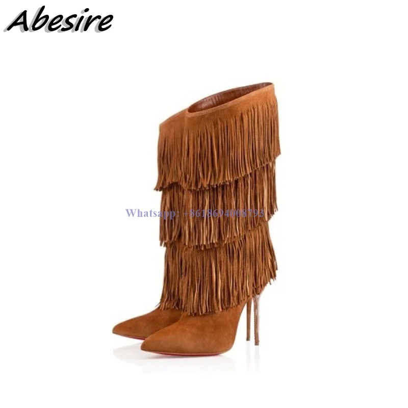 

New Short Fringe Brown Boots Solid Stilettos Thin High Heel Pointed Toe Mid Calf Women Red Boots Big Size Shoes botas New