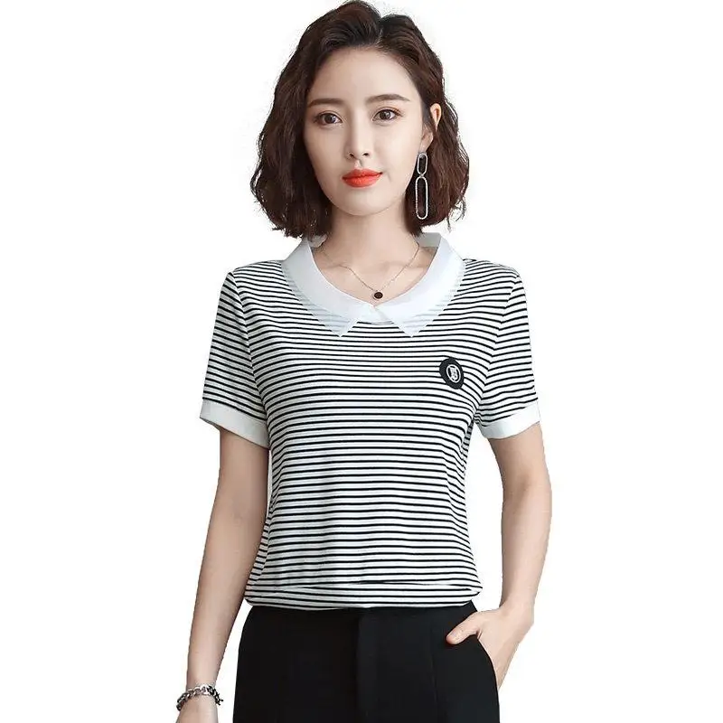 Блузка женская в полоску с коротким рукавом и воротником Питера Пэна весна-лето