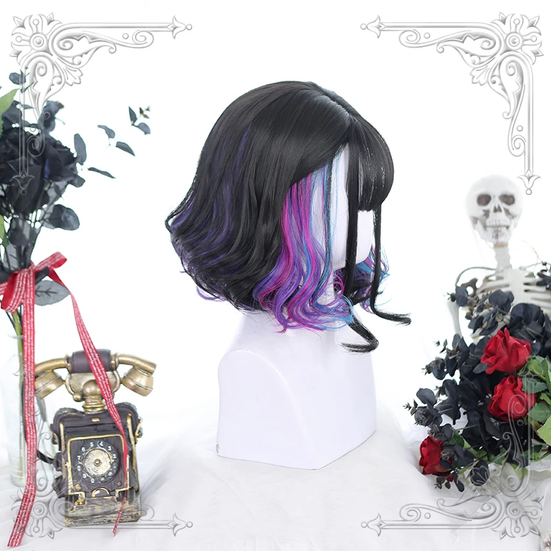 

High Quality Multicolor Lolita Natural Black Dyed PurpleAir Bangs Short Curly HairWig Cosplay Party