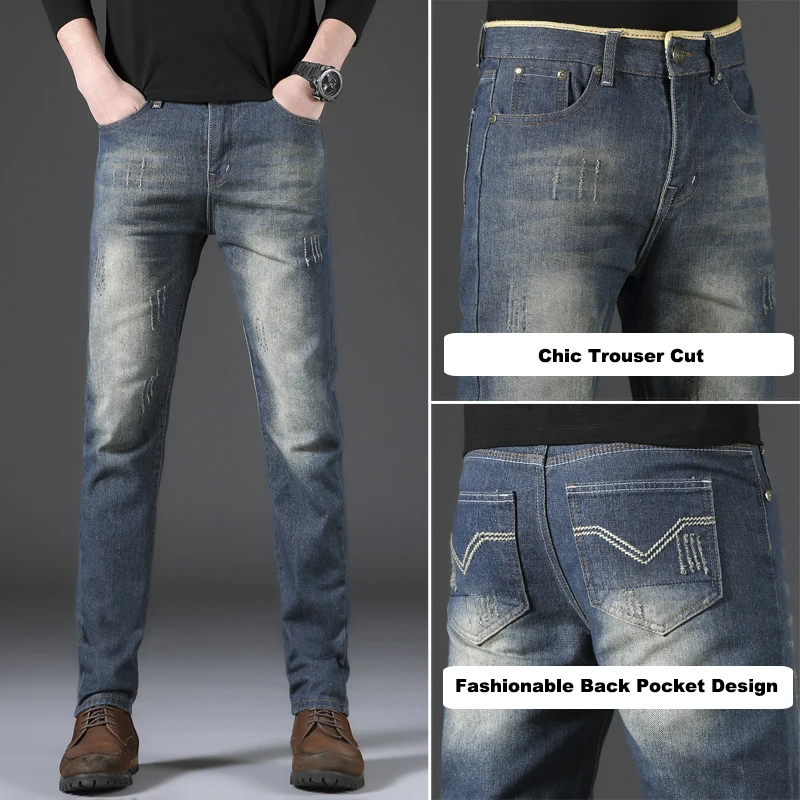 

2021 Newest Male Jeans Slim Elastic Brand Fashion Business Trousers Classic Style Embroidery Worn Out Back Pocket Cotton Jeans