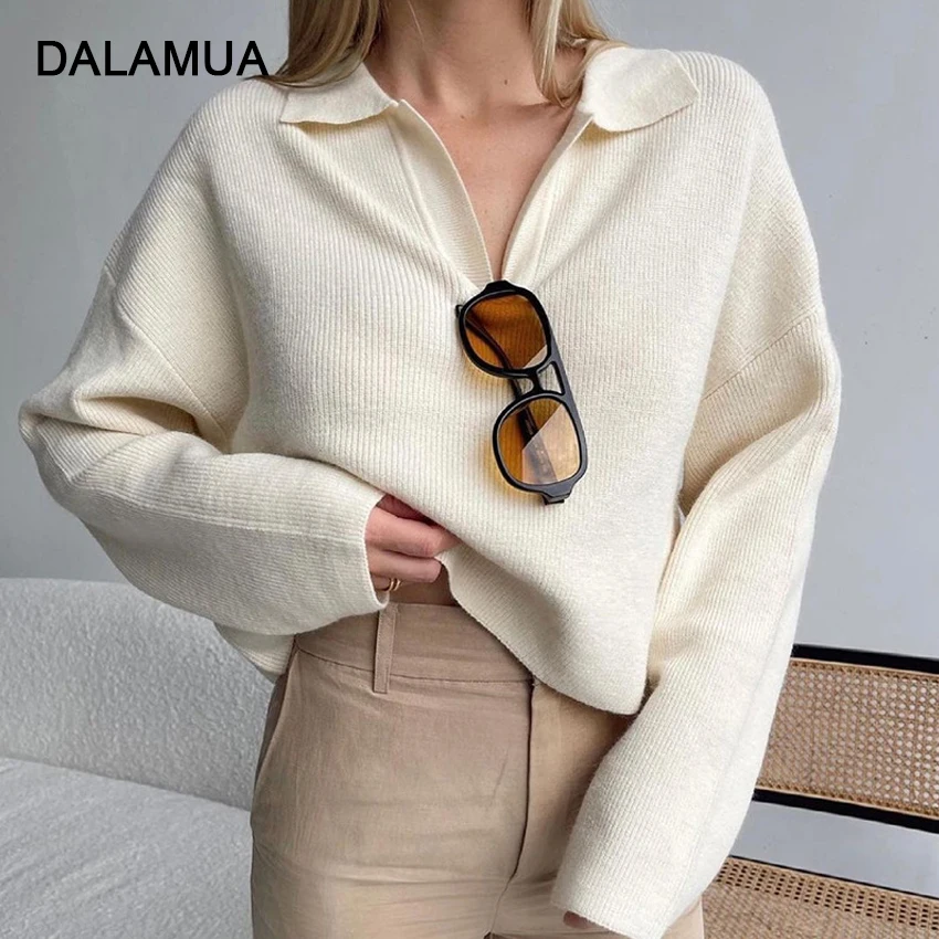 

Повседневный женский свитер, пуловер, Однотонная рубашка-поло свободного кроя, осень 2021, вязаный Модный женский Топ с длинным рукавом, новые...