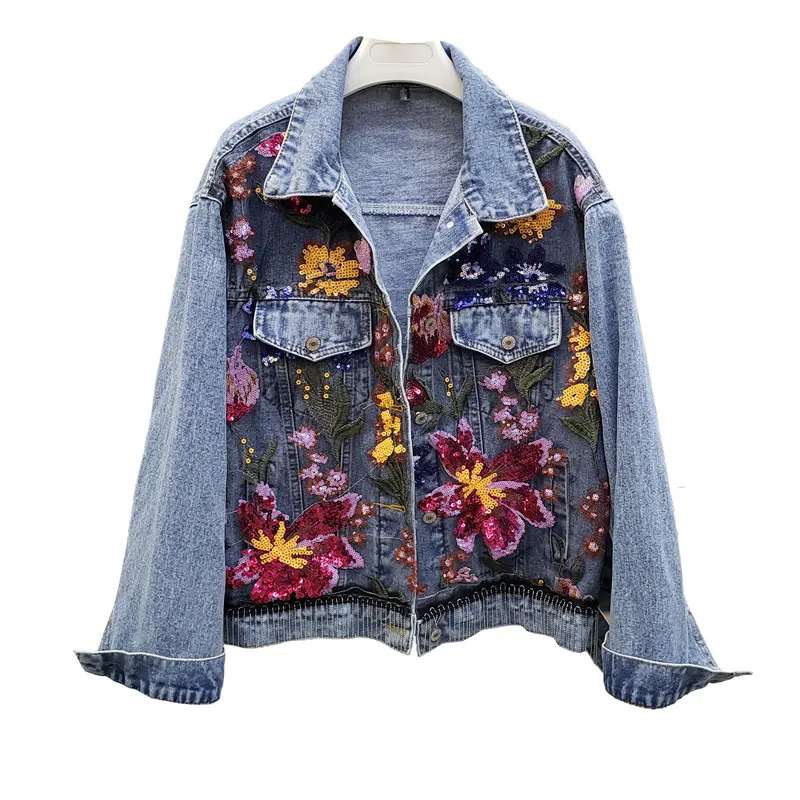 

2021 Fall Basic Denim Jacket Mujer Long Sleeve Floral Embroidery Loose Autumn Tops Ladies Sequined Flowers Jeans Jacket Women