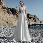 Шифоновое пляжное свадебное платье, модель 2021 года, кружевное платье-трапеция с круглым вырезом и рукавами-крылышками, с аппликацией, на пуговицах, со шлейфом