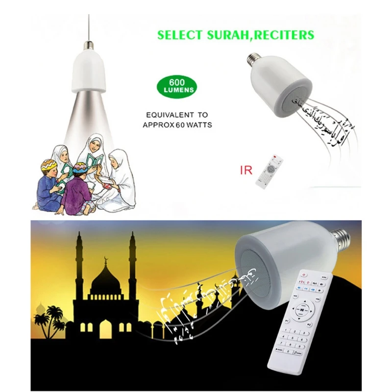 

E27 Bluetooth Quran Speaker Remote Control LED Light Bulb Support FM Radio X4YD