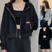 40hotwomen autumn solid color long sleeve zipper pocket coat short hoodie crop top
