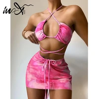 in x bandeau bikini 2021 pink print swimwear women skirts 3 pieces set halter string women swimsuit sexy bathing suit summer