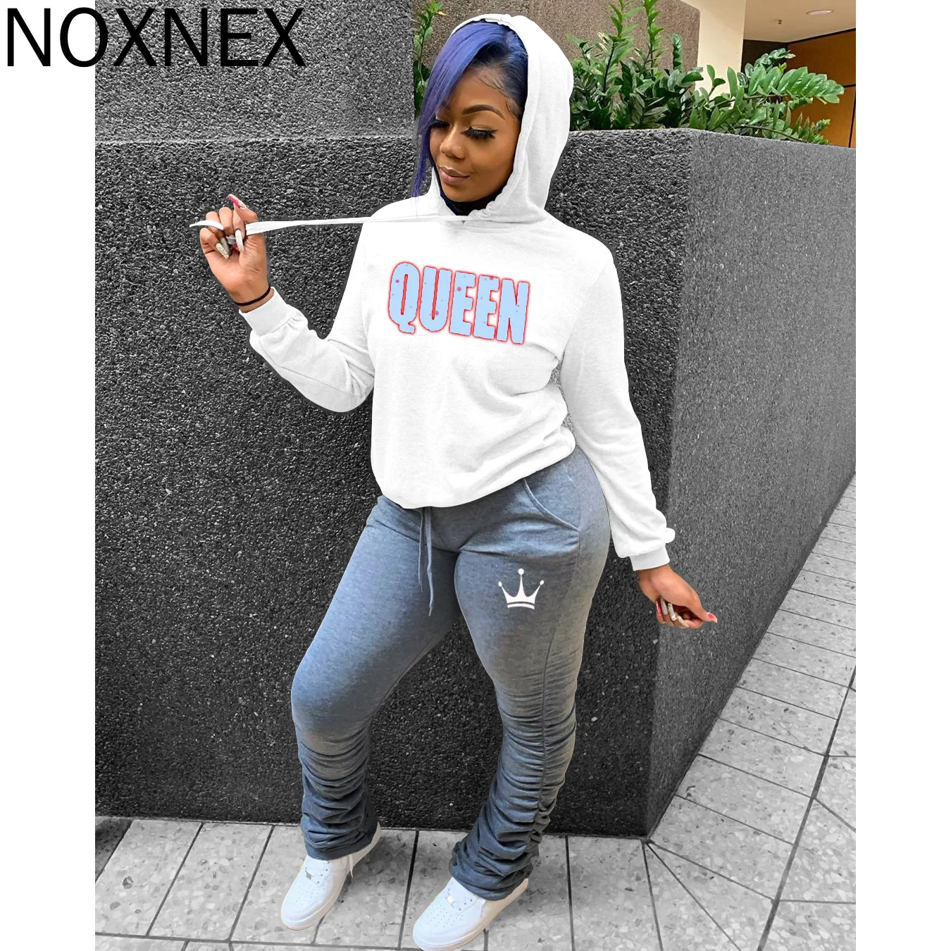 

NOXNEX женские костюмы свободного кроя, Женский комплект с длинным рукавом, однотонные пуловеры с капюшоном, брюки, спортивные костюмы, уличны...