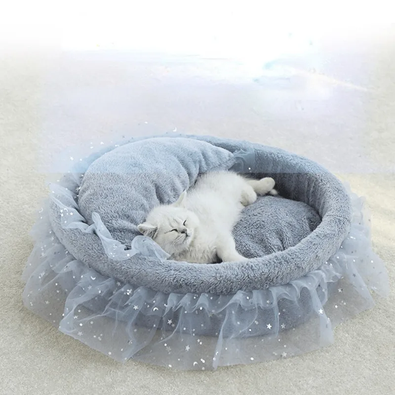 

Cat Nest Bed Mat Bedding Kennels Cushion Princess Pet Sofa Portable Sleeping Beds Round Warm Soft Lace House
