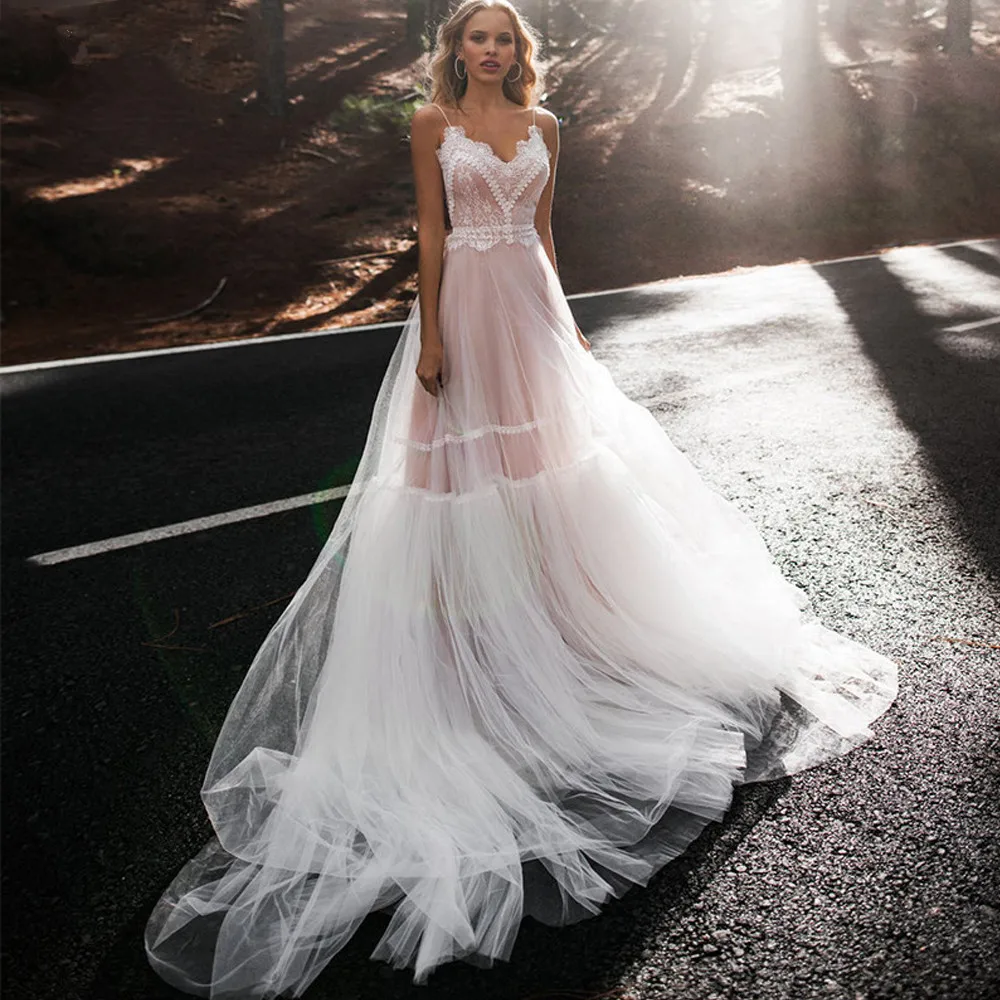 

Свадебные платья в стиле бохо, розовые кружевные тюлевые платья румян на тонких бретельках с V-образным вырезом и открытой спиной, пляжные с...