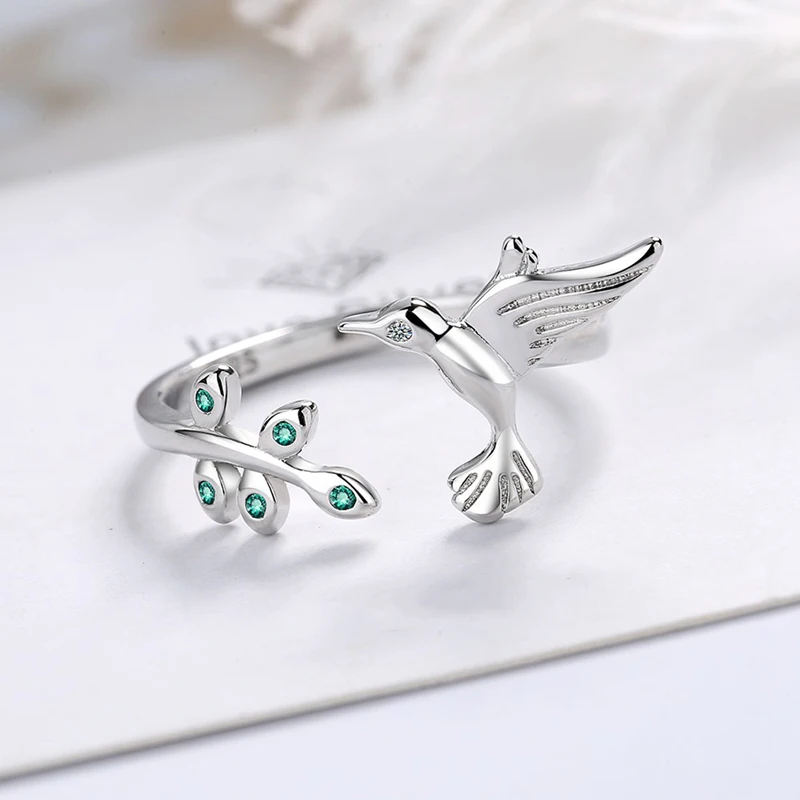 

Vintage Cute Bird Ring 925 Sterling Silver Resizable finger Rings Sweet Flower Anillos Leaf Open Loops Women Girls Zircon Anel