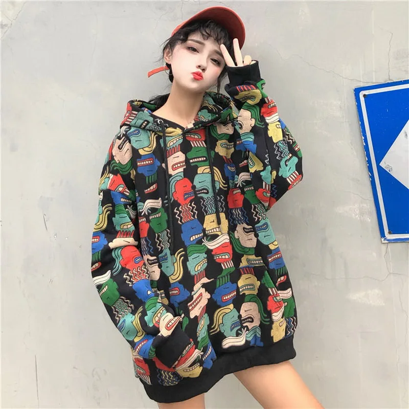 

CN Women Korean 2021 Autumn Winter Casual Cartoon Printing Mid Length Hoodies Loose Fleece Oversize Women Sweatshirt