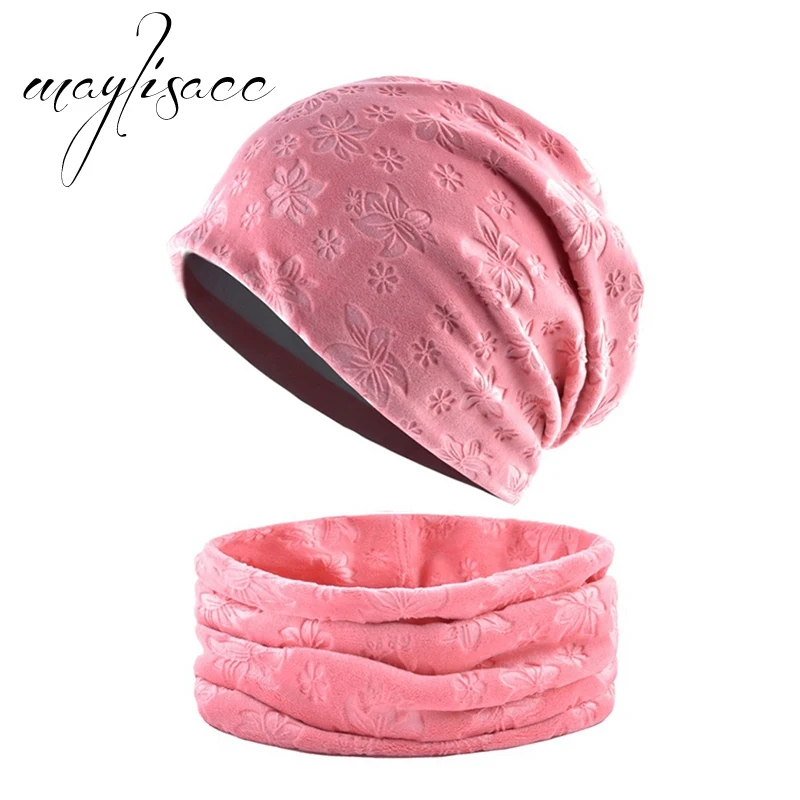 Pink Maylisacc 6 цветов одноцветное Цвета зима теплая шапка с шарфом кольцо Мода Тиснение цветок шляпа для Для женщин шарфы с шляпа набор - Цвет: Pink