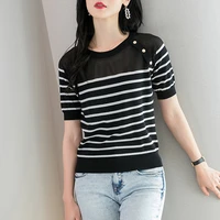 summer 2021 new womens knitted sweaters short sleeved knitted tops thin striped knitted t shirts oversized sweater