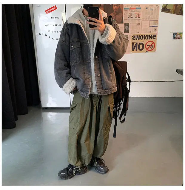 Winter Plus Velvet Thick Denim Jacket Men's Warm Parka Men Fashion Lamb Fur Coat Man Loose Cotton Denim Jacket Male Clothes