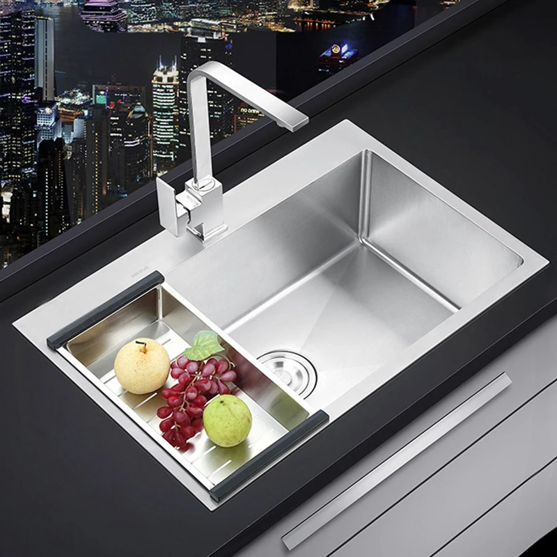 

Stainless Steel Kitchen Sink Single Bowl Handmade Brushed Wash Basin Above Counter for Kitchen Fixture with Drainage Accessories