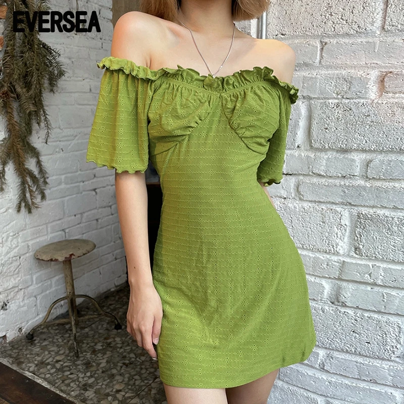 

Eversea High Waist Off Shoulder Dress Solid Color Minimal Design Lotus Fungus One Piece