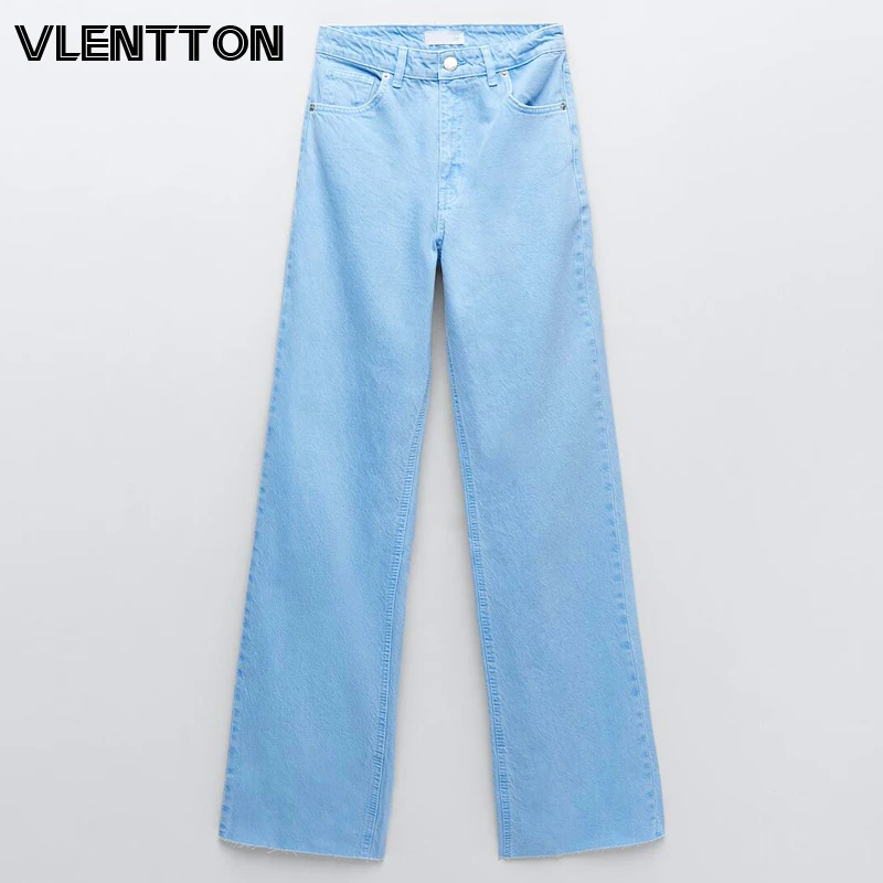 

2021 Spring Autumn Women Vintage Blue Pink Denim Trousers Casual Solid Pockets High Waist Straight Jeans Pants Ladies Mujer