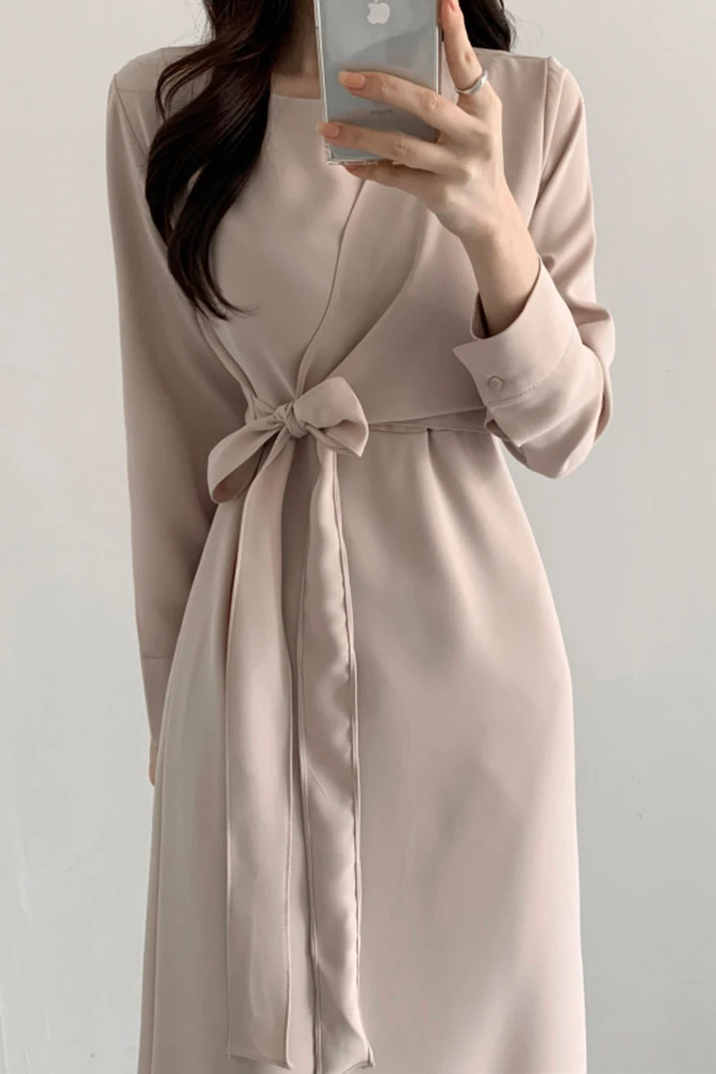 

WHCW CGDSR elegant dress women a-line korean style party new vintage autumn winter woman long sleeve 2020 dresses loose bow belt
