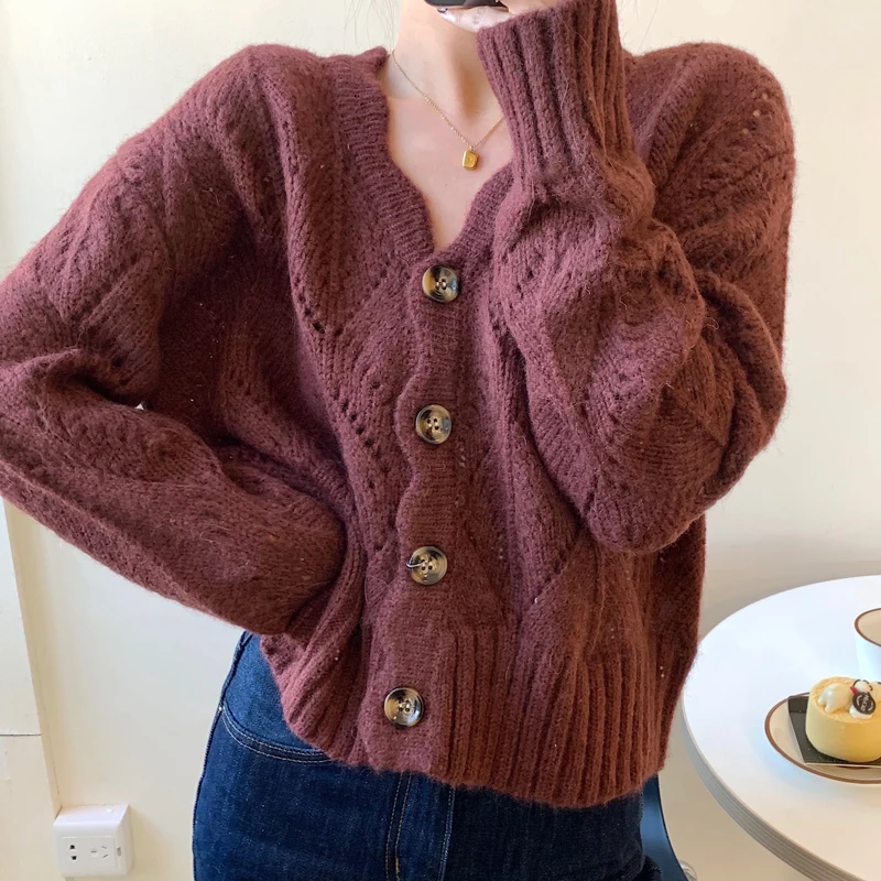 

Spring Autumn Women's Cardigan Korean Hollow Wave Edge Loose Cardigan Sweater New Solid Color Casual Knitted Tops GX744