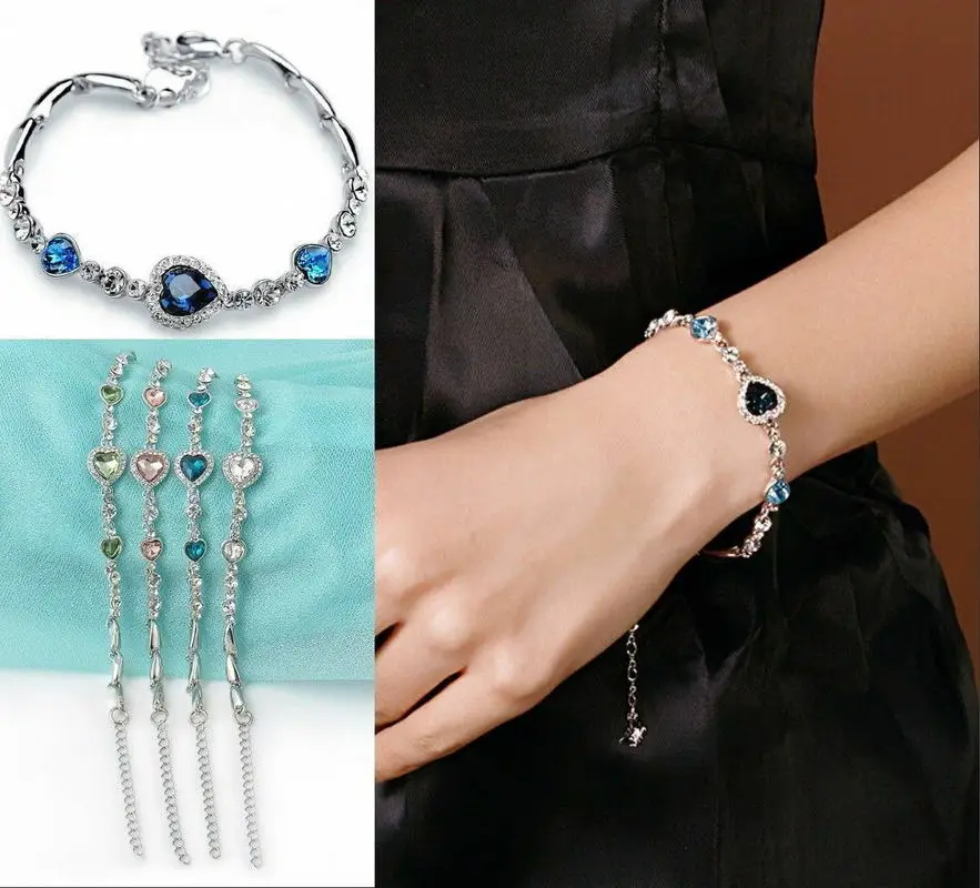 Элегантный женский браслет с голубыми кристаллами в форме сердца океана стразы