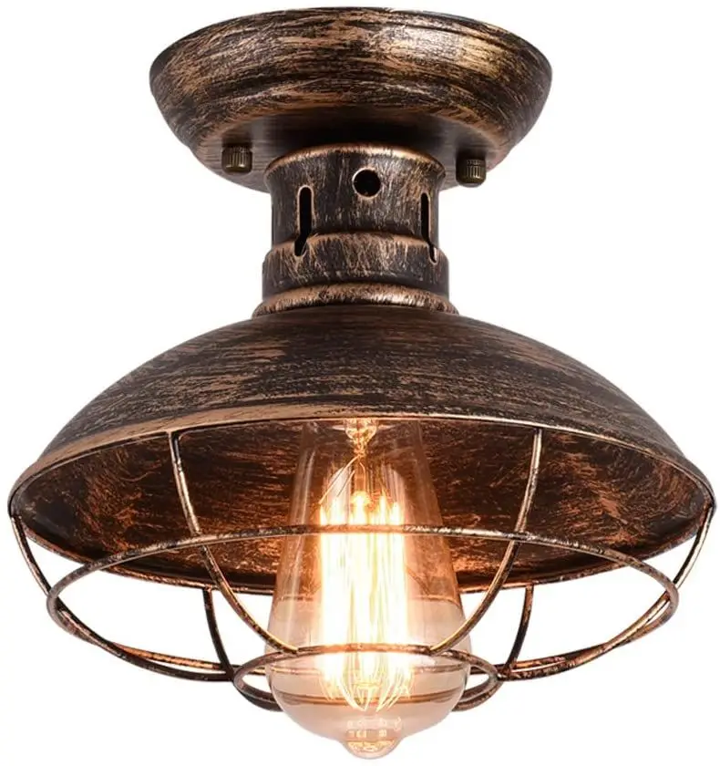 Industrial Oil Rubbed Bronze Ceiling Light with Metal Cage Semi-Flush Lighting Fixture for Farmhouse Porch Kitchen