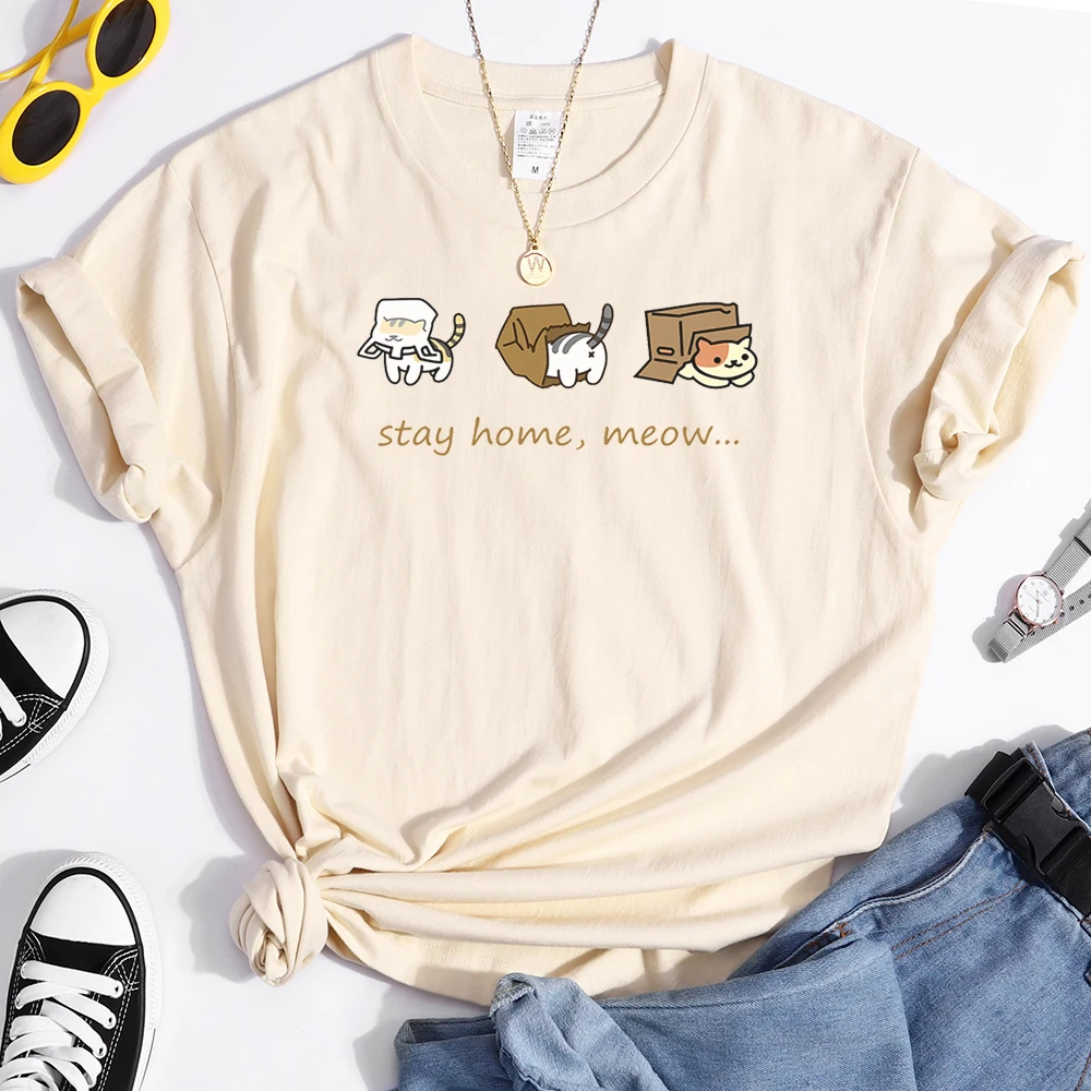 

Kawaii три мини кошка животное сидеть дома мяу печати для женщин футболки размера плюс, топы с О-образным вырезом Футболка Повседневная Стиль ж...